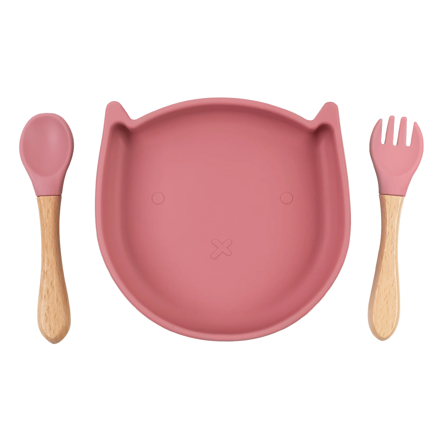 

Solid animal baby dinner plates tableware silicone with wooden spoon fork set