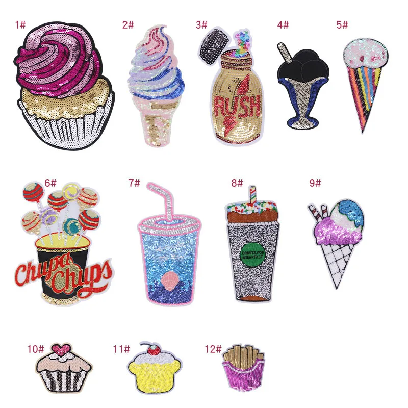 

Wholesale Icecream Sequin Embroidery Patch Manual Burn Border Iron-on backside, Colorful