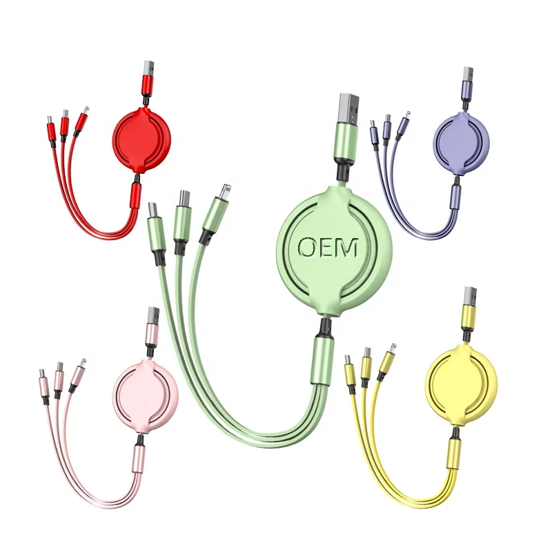 

Custom High Speed 3In1 3 In 1 Liquid Silicone Safety Retracting Micro Usb-C Retractable Mobile Phone Usb 3.0 Data Charging Cable, Green/red/yellow/orange/pink /oem
