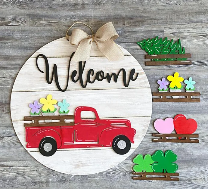 

Truck Door Hanger Round Welcome Sign for Front Door with Interchangeable Inserts Rustic Farmhouse Home Decor
