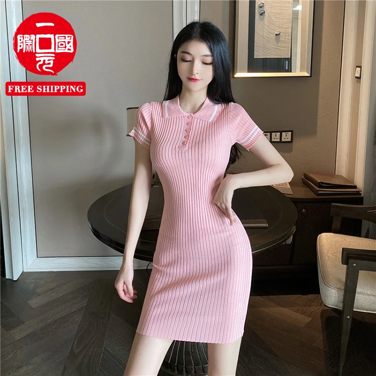 

Summer new style solid color lapel POLO buttoned slim short-sleeved dress with buttocks