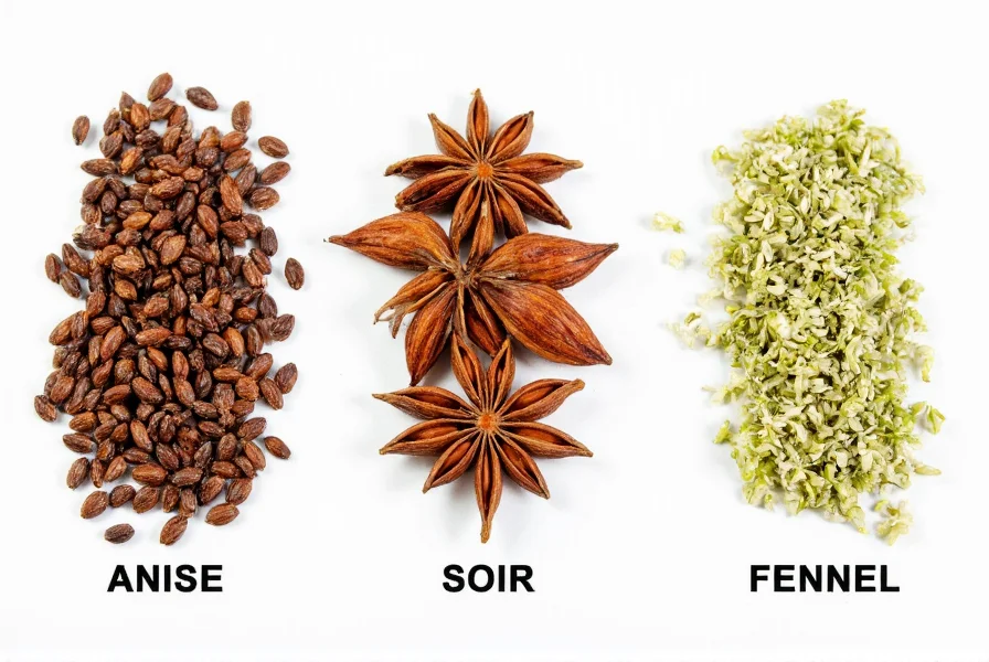 Side-by-side comparison of anise seeds, star anise pods, and fennel seeds on a white background with botanical labels