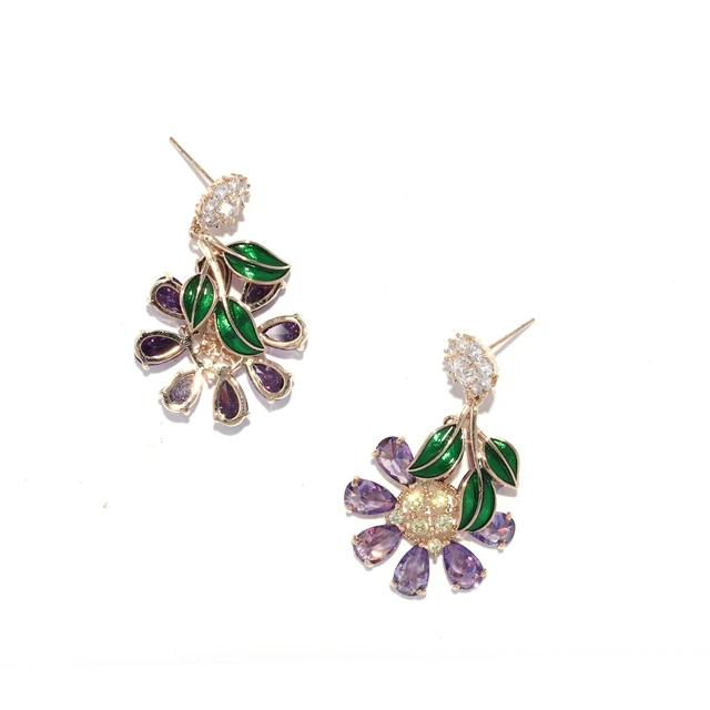 

Purple Flower Jewelry Golden Stud Earring Simple Style Earring Golding With Jewel Earring, As photo