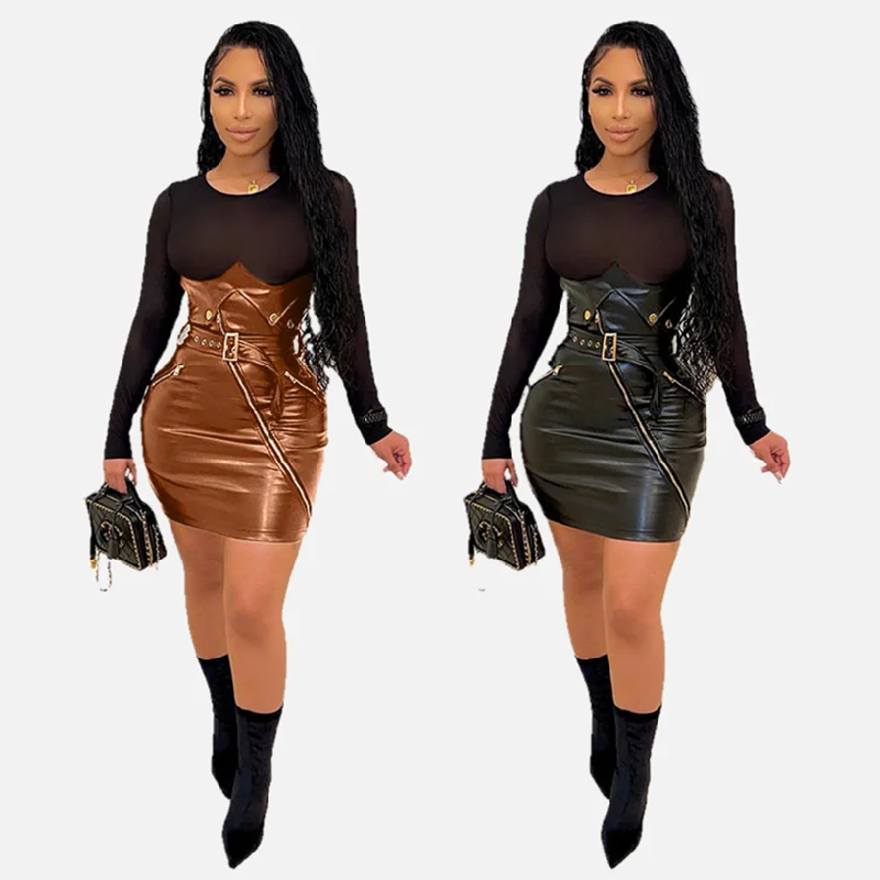 

M3219 Latest Design O Neck Mesh Patchwork PU Leather Dress Long Sleeve Casual Dress Plus Size Dress Wholesale Customization
