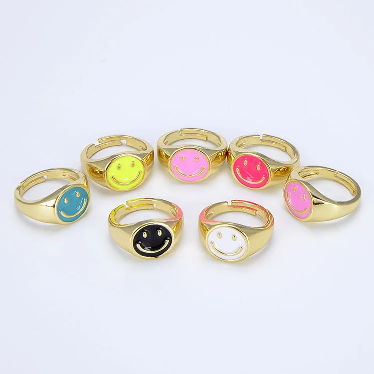 

RA1009 Dainty Enamel Gold Plated Black Pink Yellow Blue White Smiley Happy Face Rings for Women Ladies