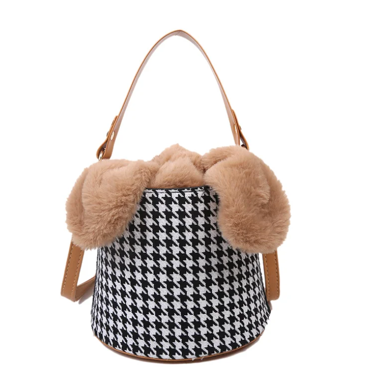 

Autumn/winter Stuffed Rabbit Ears Feminine Bag Versatile Retro Bucket Bag Lattice Pattern One-shoulder Cross-body Bag YGC-389, Accept customized color