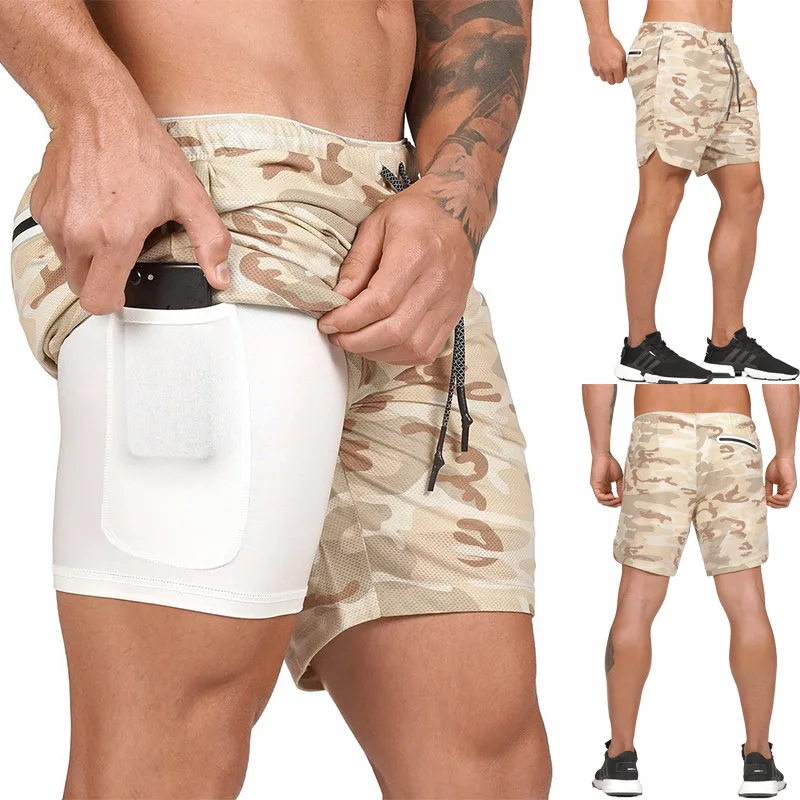 

Men Sportswear Sports Running Quick Dry 2 in 1 Shorts Camouflage Gym Exercise Jogging Shorts, Customized color