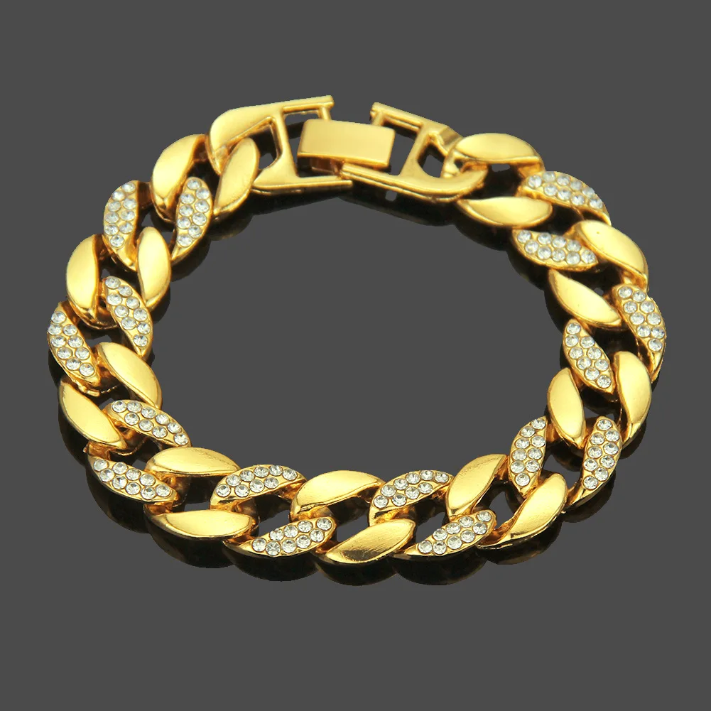 

European and American Amazon Hot Hip Hop Rhinestone Bracelet Men's Gold Plated Bracelet Cuban Chain, Silver,gold or custom
