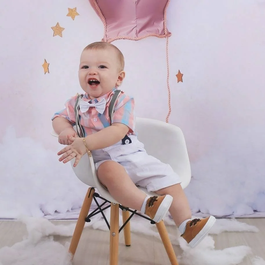

KB8009 Cotton Pink White Plaid Bow Jumpsuits Birthday Clothes For Toddler Boys Newborn Outfit Clothes