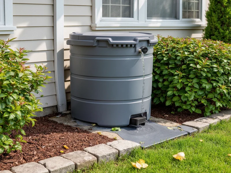Rain barrel system showing proper downspout connection and overflow management