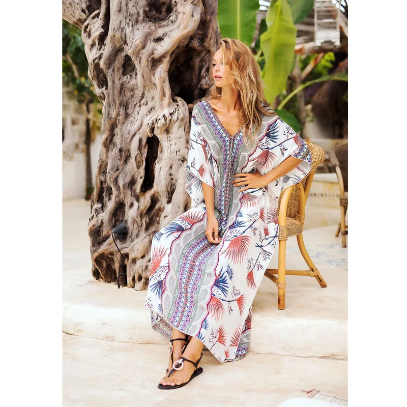 

2021 Lace Up V-Neck Batwing Sleeve Summer Beach Dress Tunic Women Beachwear kaftan Maxi Dress Robe, Shown