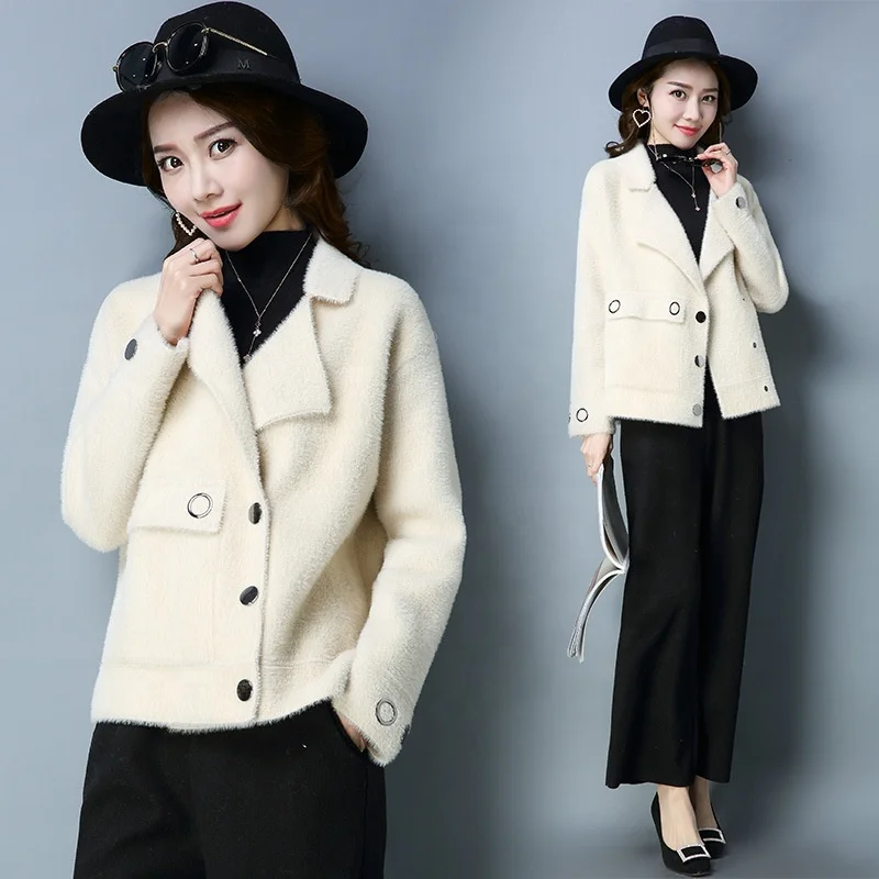 

B61560A Winter 2019 Japanese women's solid color knit mink double breasted lapel long sleeve cardigan short coat cardigans, White/wine red/khaki/purple/camel/pink
