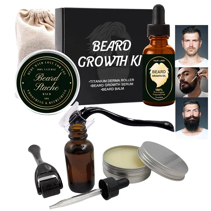 

Private Label Professional Organic Beard Roller Beard Growth Oil Balm Set Beard Grooming Care kit for Men
