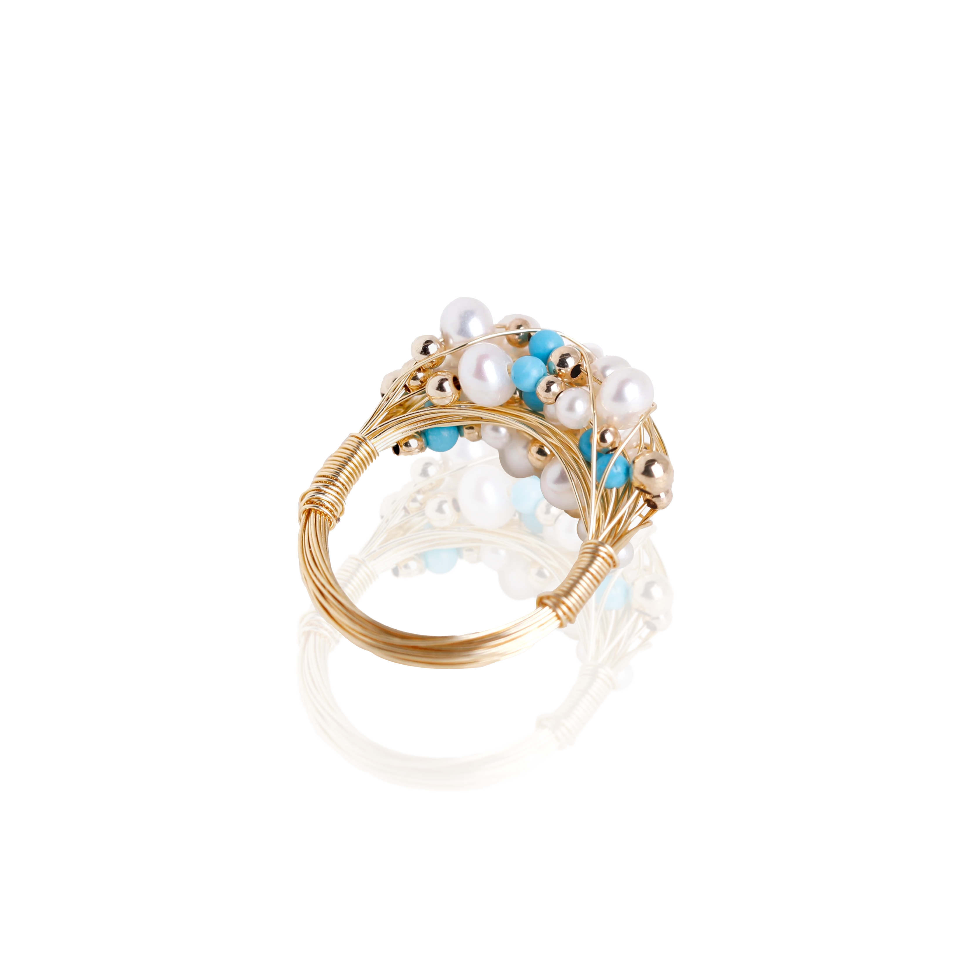 

Handmade Elegant 9k Gold Filled Wire Wrapped White Pearl Beads Turquoise Rings Fashion Jewelry Summer Popular, Gold+white+blue