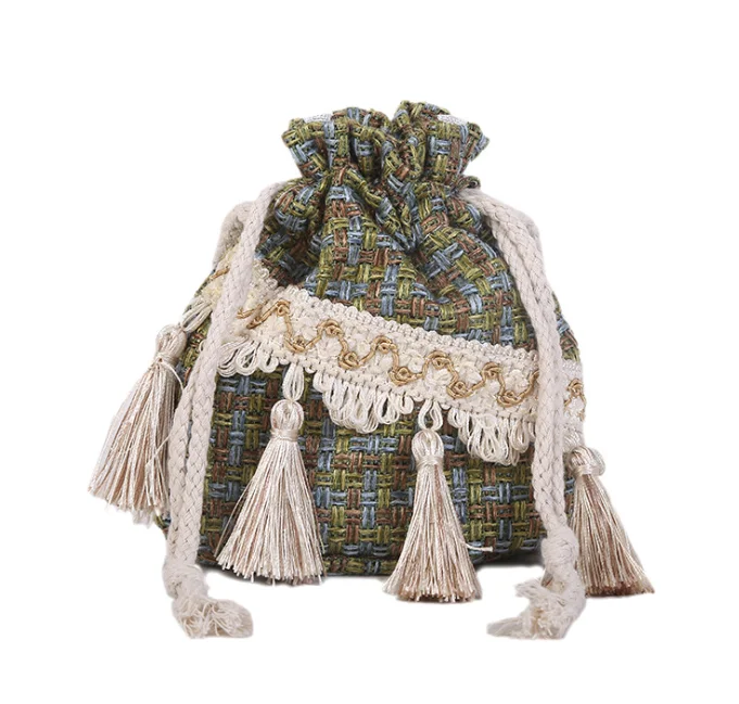 

Ethnic style contrast shoulder bag tassel bucket bag, Gray, blue, red, blue