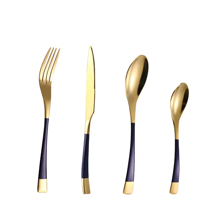 

Luxury Gold Plating Cutlery Set 4 Pieces Stainless Steel 430 Flatware Sets For Wedding Party, Black with white handle / gold with black handle