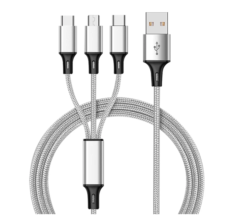 

multi-function 3 in 1 Micro Type C USB charger cable nylon braid mobile phone charging cord 1.2m for iphone cellphones