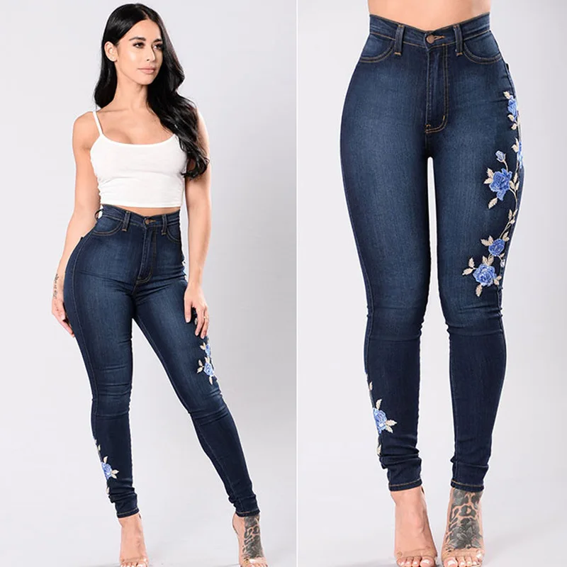 

High Waist Lace-up Embroidery Butterfly Print Scratched Skinny Ladies Jeans Bell Bottom Plus Size Women Denim Jeans