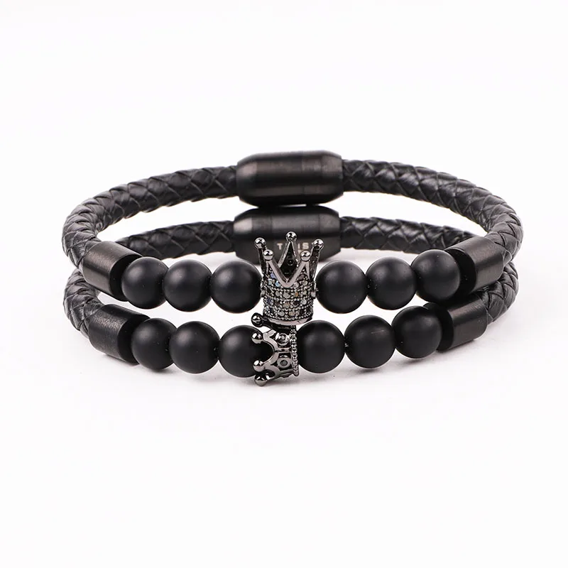 

High quality CZ crown charm gemstone lava bead stainless steel magnet clasp genuine leather bracelet for men women