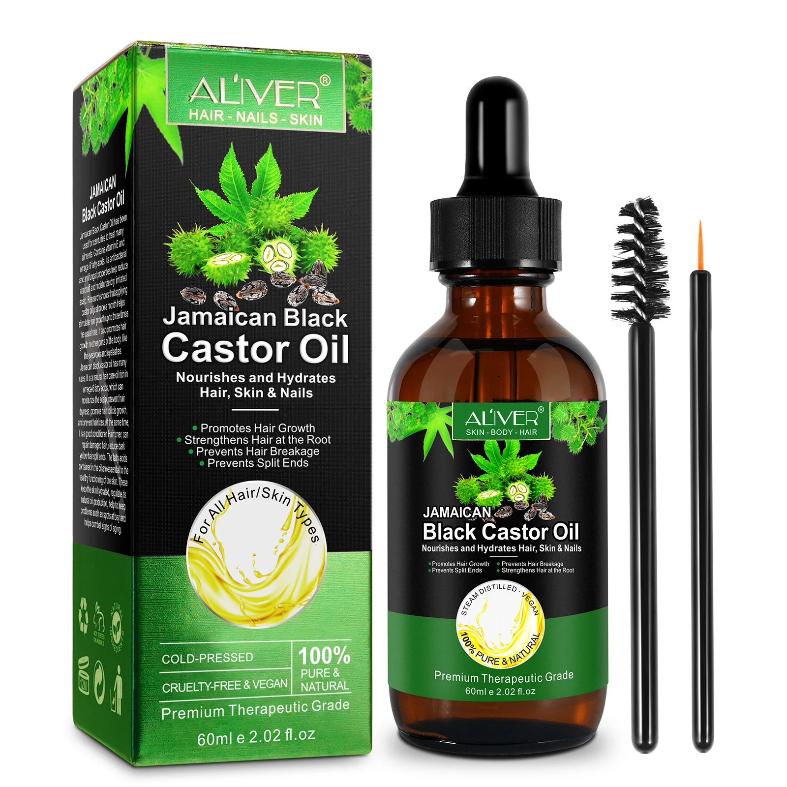 

ALIVER private label custom nourishes prevents hair breakage eyelash growth organic black castor oil for hair growth