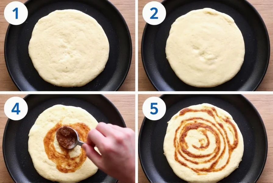 Step-by-step visual of swirling cinnamon filling into pancake batter on griddle