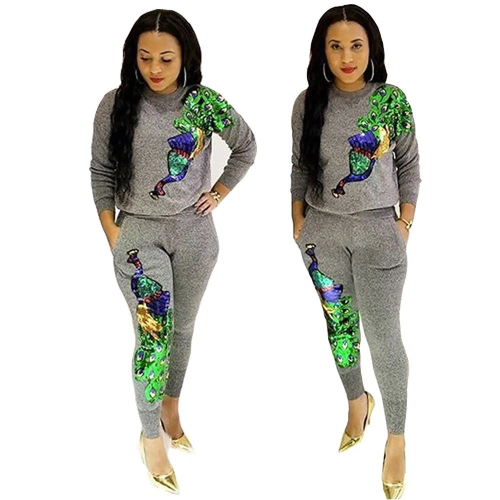 

2021 Casual Fashion Outfits Peacock Sequins Gray Tops+Pants Tracksuits Sweatsuit Jogger 2 Two Piece Set Fall Clothing for Women, Picture