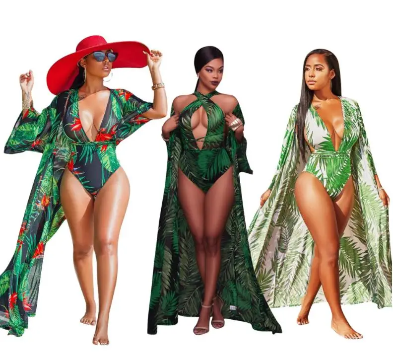 

Sexy 2 piece Swimsuit 2021 Women One Piece Bikini Swimwear And Robe Suit Fashion Flower Print Chiffon Sun Protection Beachwear, 2 colors