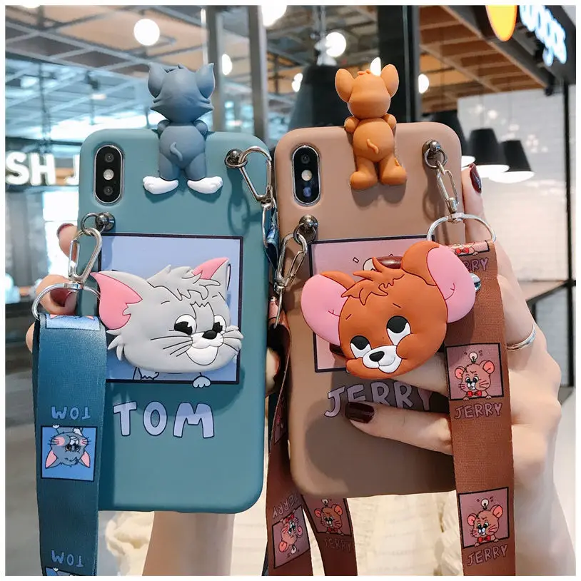 

for iPhone 12 11 Pro 8 X Xs Anime Tom And Jerry A 3D Doll lanyard Necklace Holder Cover Case Free Shipping