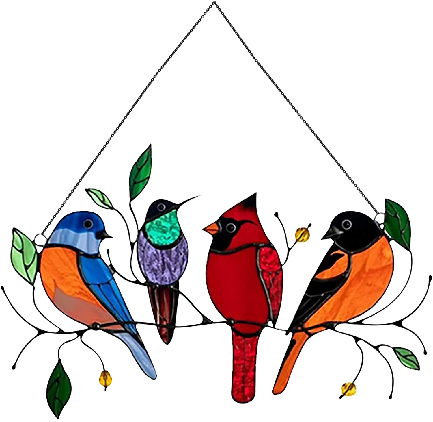 

Birds Stained Glass Window Hanging Multicolor Birds on a Wire Birds Window Panel Hangings with Chain, Multi color