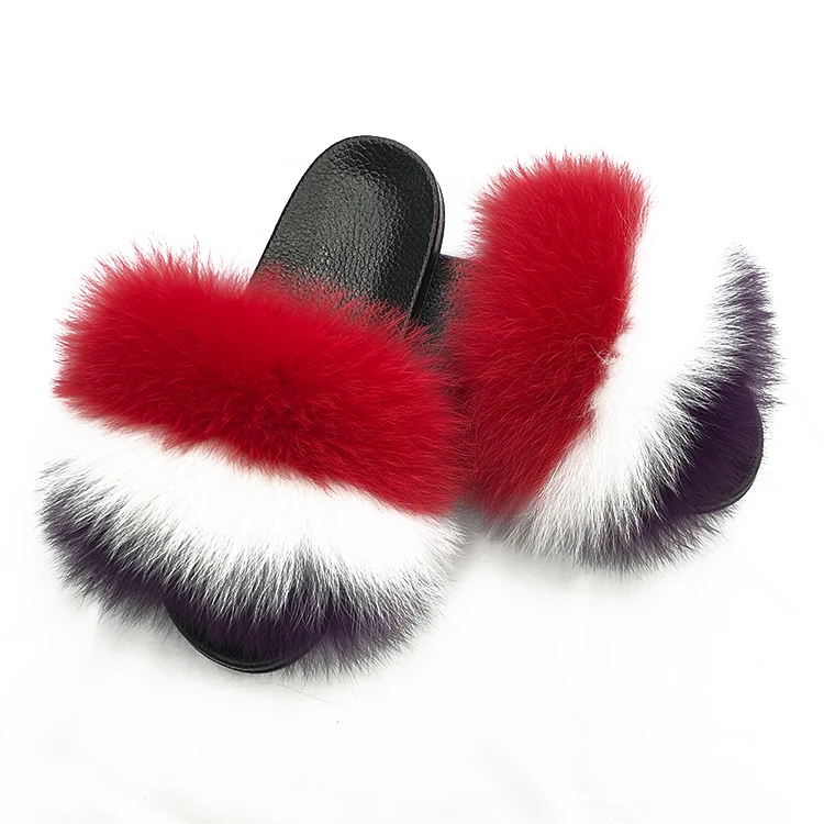 

Big fur fashion mix color full cover warm soft furry real fox fur slippers women fur fluffy slipper sandals, Customized color