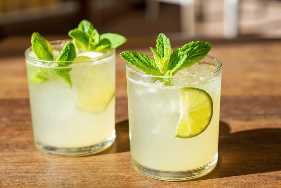 Glasses of low sugar ginger beer mocktails with fresh lime and mint garnish on wooden table