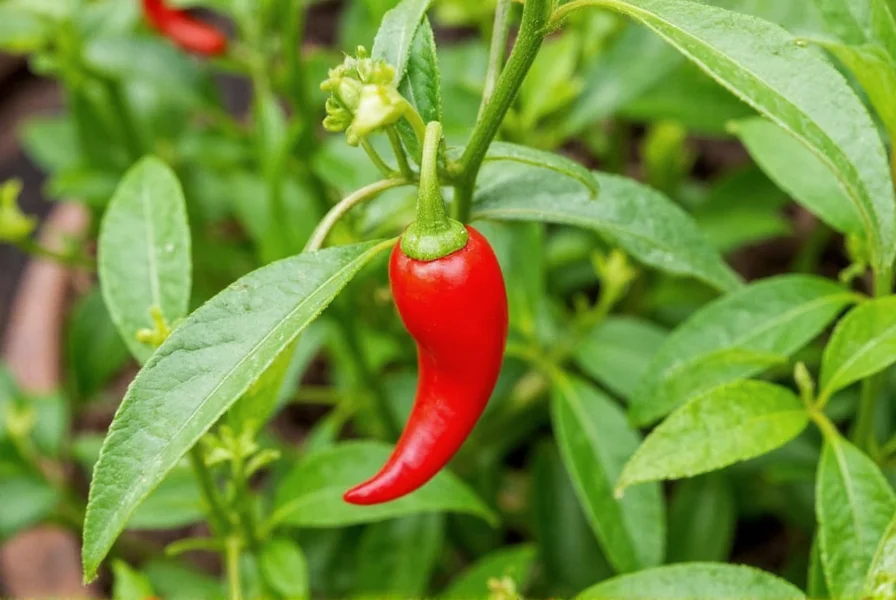 Close-up of healthy cayenne pepper plant showing vibrant green leaves and developing red peppers in a home garden setting