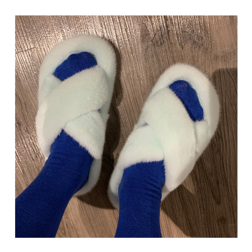 

High Quality Fashion Women Furry Genuine Mink Fur Slippers Mink Slides, Customized color