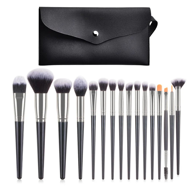 

ZNYBEUAYT 16pcs makeup brush set with PU bag black wooden handle nylon brush professional cosmetic tools