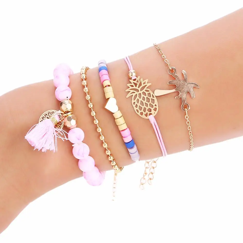 

European and American style popular knitting Bracelet wooden beads tassel pineapple love beads women's Bracelet Set