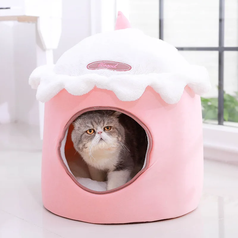 

Cute Cat Dog House Warm Pink Lovely Kennel Pet Cat Dog Cave Nest Washable Removable Mat Cozy Deep Sleeping Bag Bed For Cats Dogs