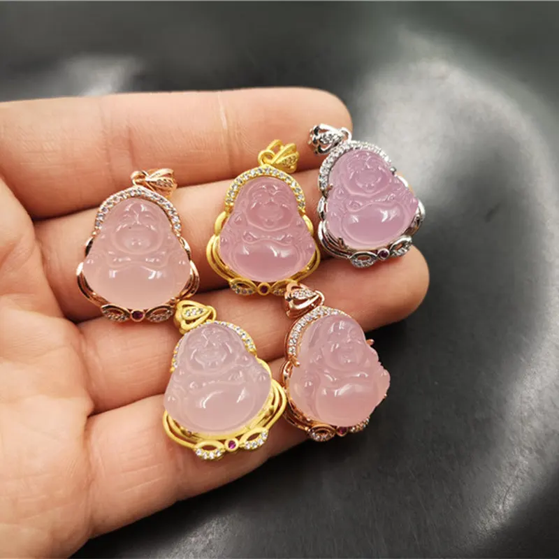 

Light Pink Agate Maitreya Buddha Pendant Women's 925 Sterling Silver Crystal Edge Small Jade Buddha, Gold color