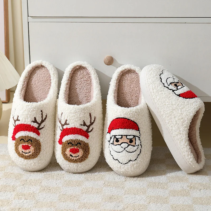 

Christmas Elk Gingerbread Santa Claus Cotton Plush Winter Cute Pattern Women Slippers Men Fluffy Slides Warm Plush Slippers