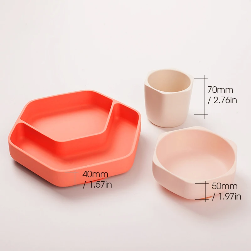 

2020 baby dinning set of silicone dinnerware with rice plate and bowl/silicona plates party suction sucker for older kids, Pink,blue