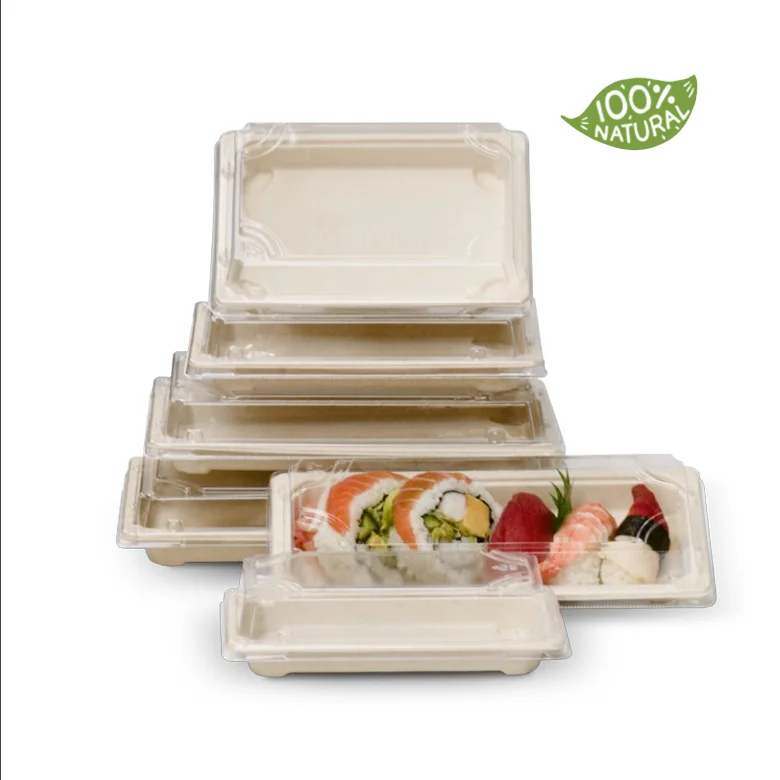 

Disposable Biodegradable Sugarcane Bagasse Pulp Sushi Packaging Container Tray with Lid