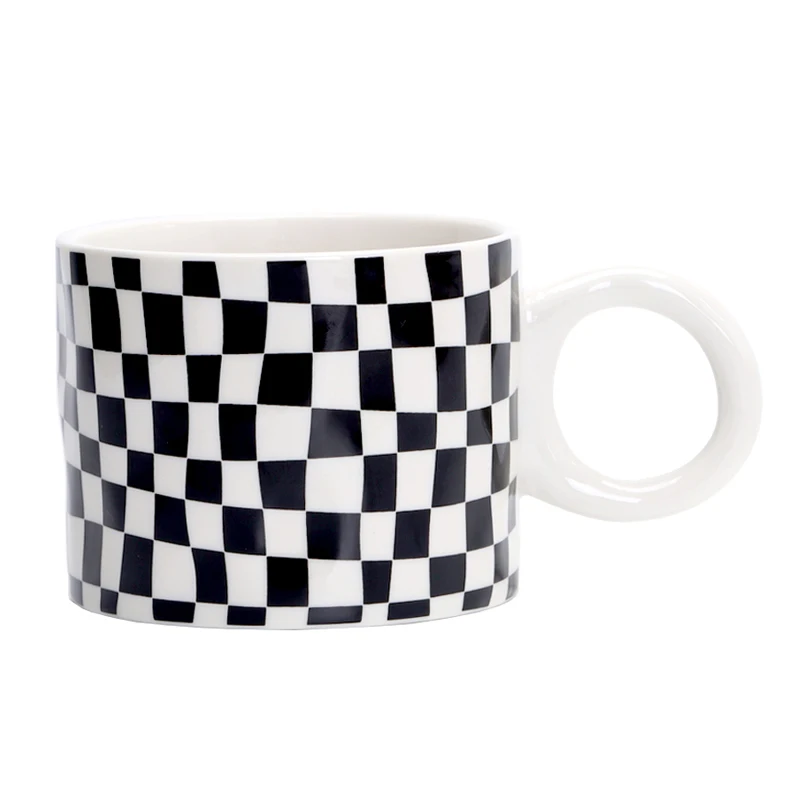

Coffee Cup Retro Checkerboard Ceramic Mug Breakfast Cups Tea Water Mugs, Optional