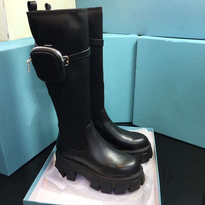 

Motorcycle Pocket Boots Genuine Leather Platform Boots Wedges Round Toe Slip on 2021 Pradads Designer Shoes for Women