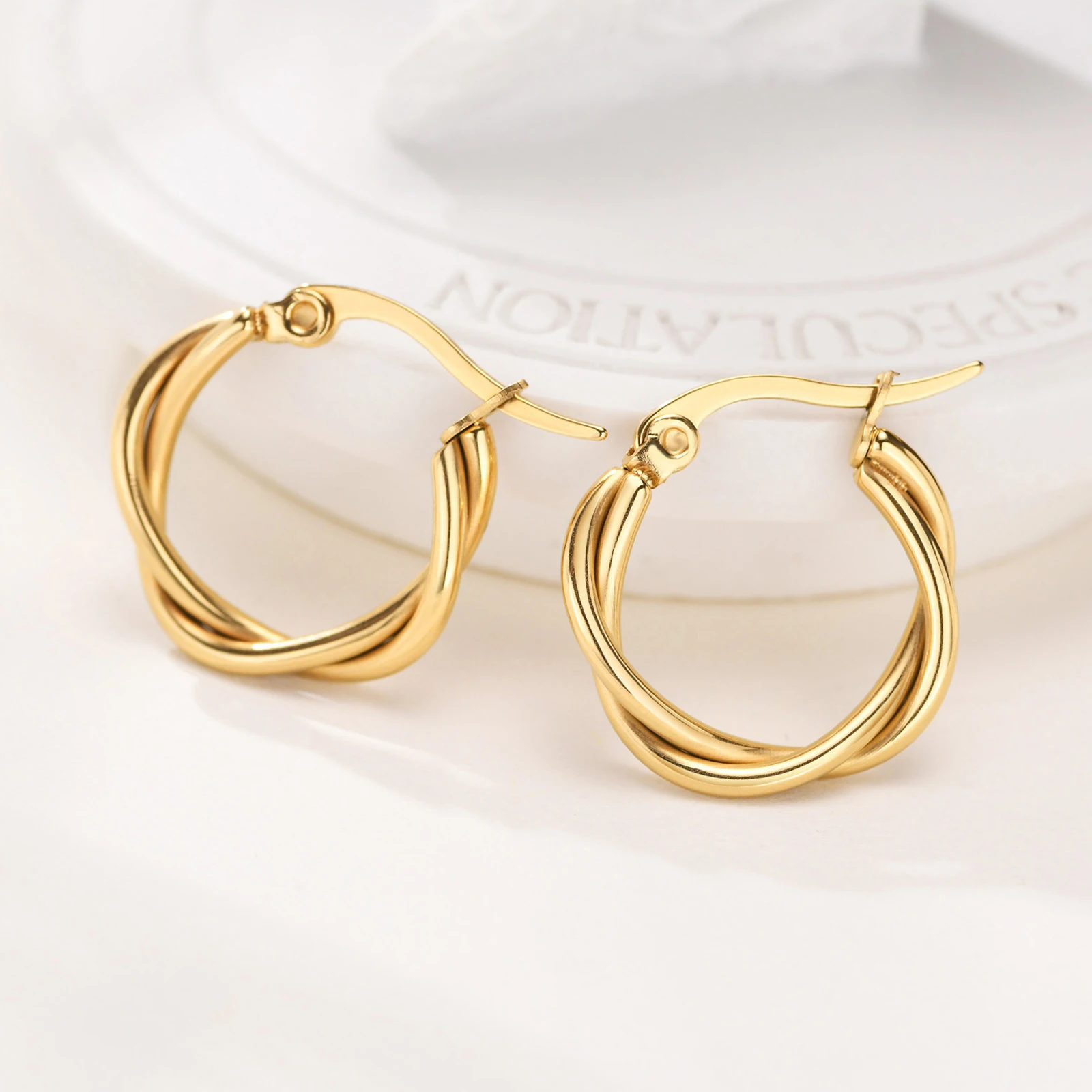 

Trendy Womens PVD 18K Gold Plated Stainless Steel Twist Hoop Earrings Waterproof Statement Jewelry For Women