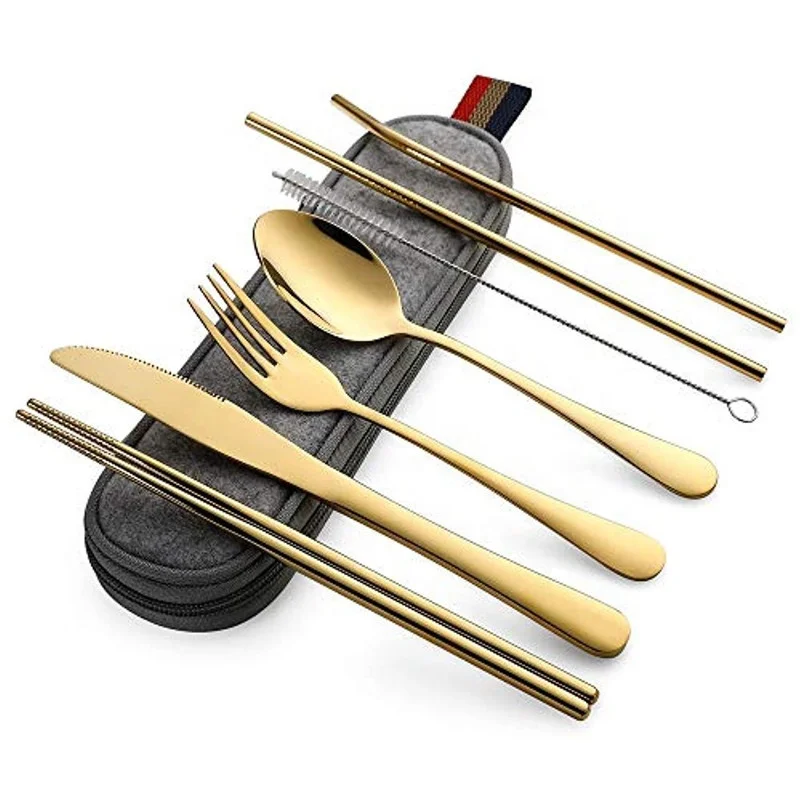 

High Quality Tableware 8Pcs/set Stainless Steel Cutlery Straw Dinnerware Set Spoon Fork Chopsticks with Straw Portable Case