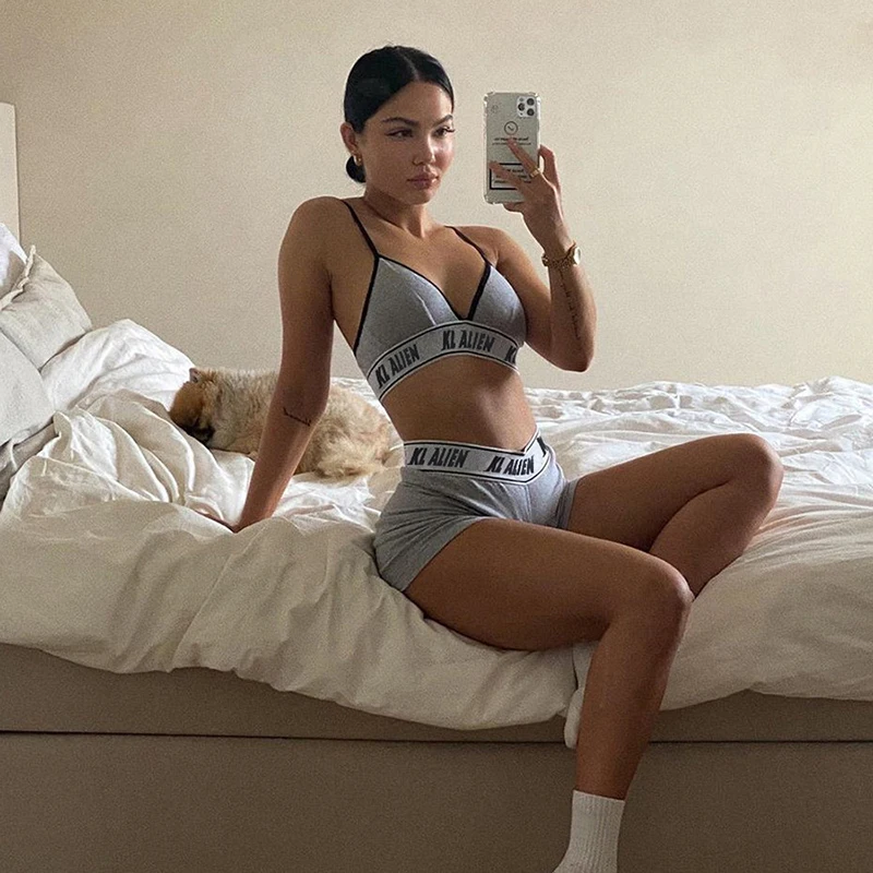 

Nibber S1737616 V-neck Letter Print Sleeveless Gym Fitness Suit Biker Shorts Crop Top Camisole & Shorts Set Women Two Pieces Set, Gray