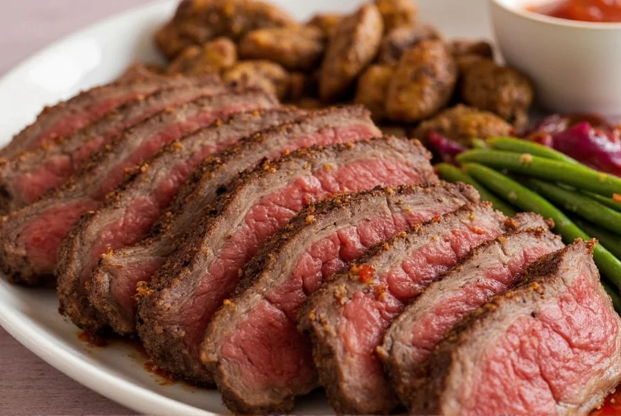 Seasoned steak on a plate with a knife