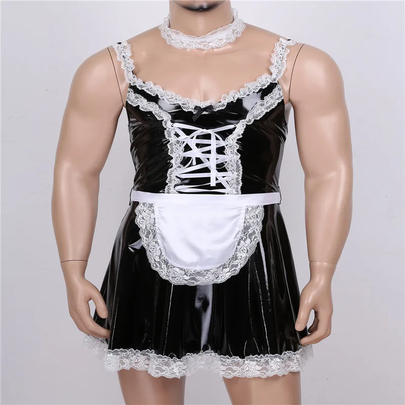 Iefiel Mens Male Patent Leather Sissy Maid Dress Cosplay Costume Sexy ...