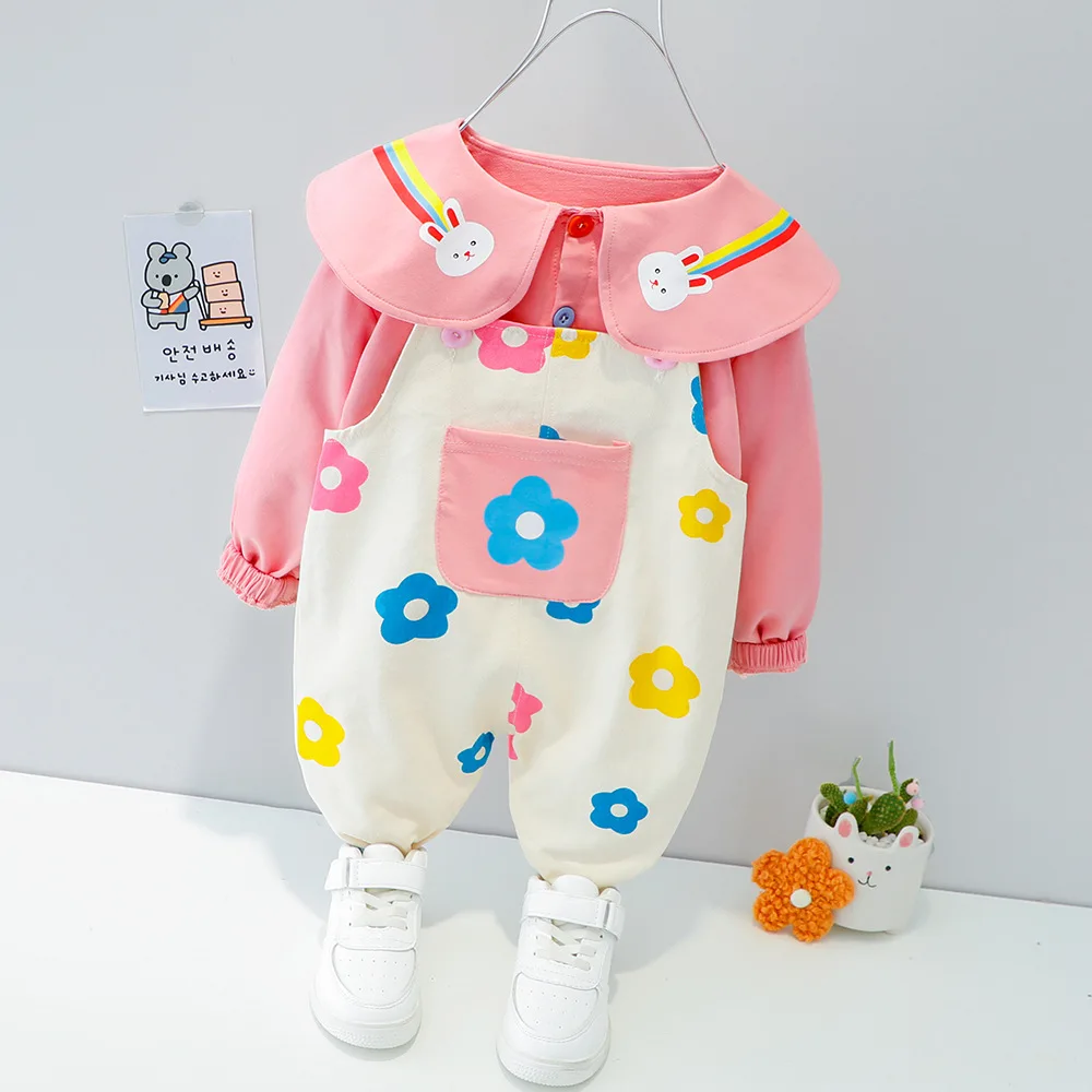 

New 2Pcs girls clothing set long sleeve cartoon printed shirt +floral overalls pants outfits for girls, Picture shows