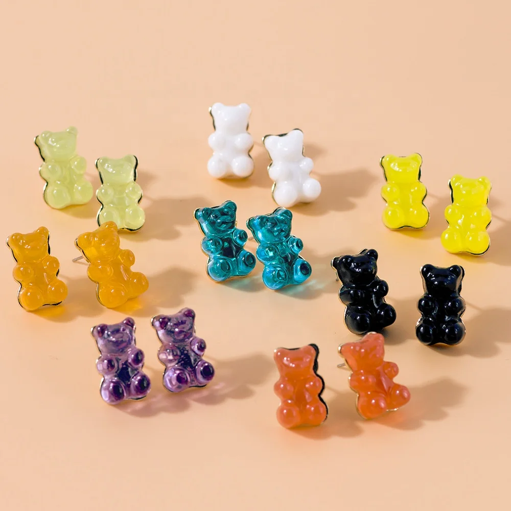 

Girls Kids Korean Cute Clear Small Jelly Candy Resin Animal Charm Jewelry Teddy Gummy Bear Studs Earrings