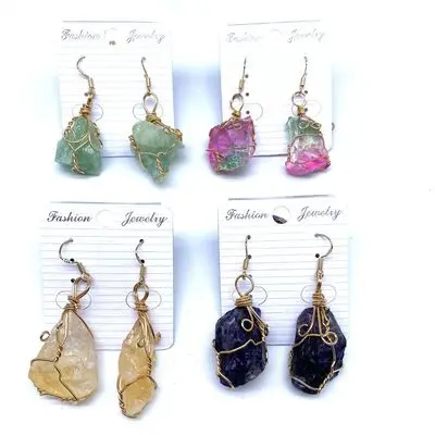 

NUORO New Designs Handmade Twisted Iron Wire Stone Earrings Irregular Crystal Natural Stone Pendant Earrings, As pic